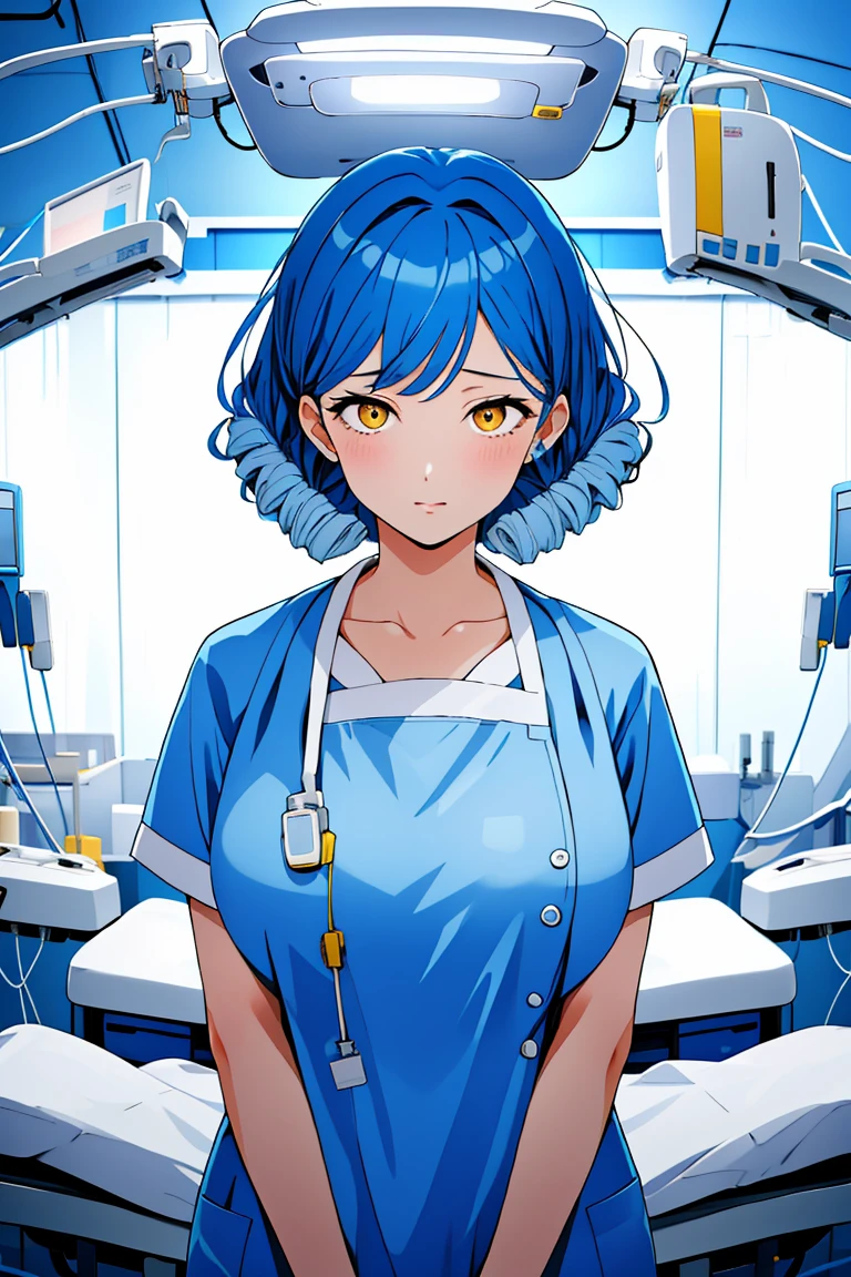 (RAW photo, best quality), operating room, overhead surgical light,blurred background, focused, dithering,backlighting,
 <lora:Mitsuwa_Shirai_V1.0-000005:0.8> mitsuwa shirai, 1girl, solo, mature female,blue hair,yellow eyes,