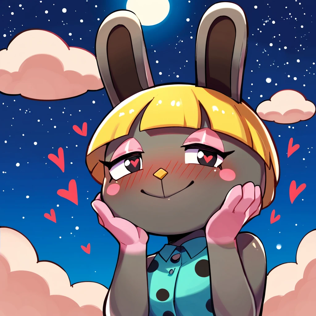 zPDXL, score_9_up, score_8_up, score_7_up, best quality, source_anime, (blue background, night, clouds, stars, full moon:1.2), BREAK 1girl, solo, bonbon_(\animal_crossing), rabbit, lagomorph, anthro, yellow hair, grey fur, black eyes, aqua shirt, polka dot shirt, no sleeves, paws, (hearts, heart eyes, narrowed eyes, looking at viewer:1.3), smile, , (red face, blush:1.3), hands on face, looking at viewer, portrait, <lora:PDXL_Bonbon_AC:1>