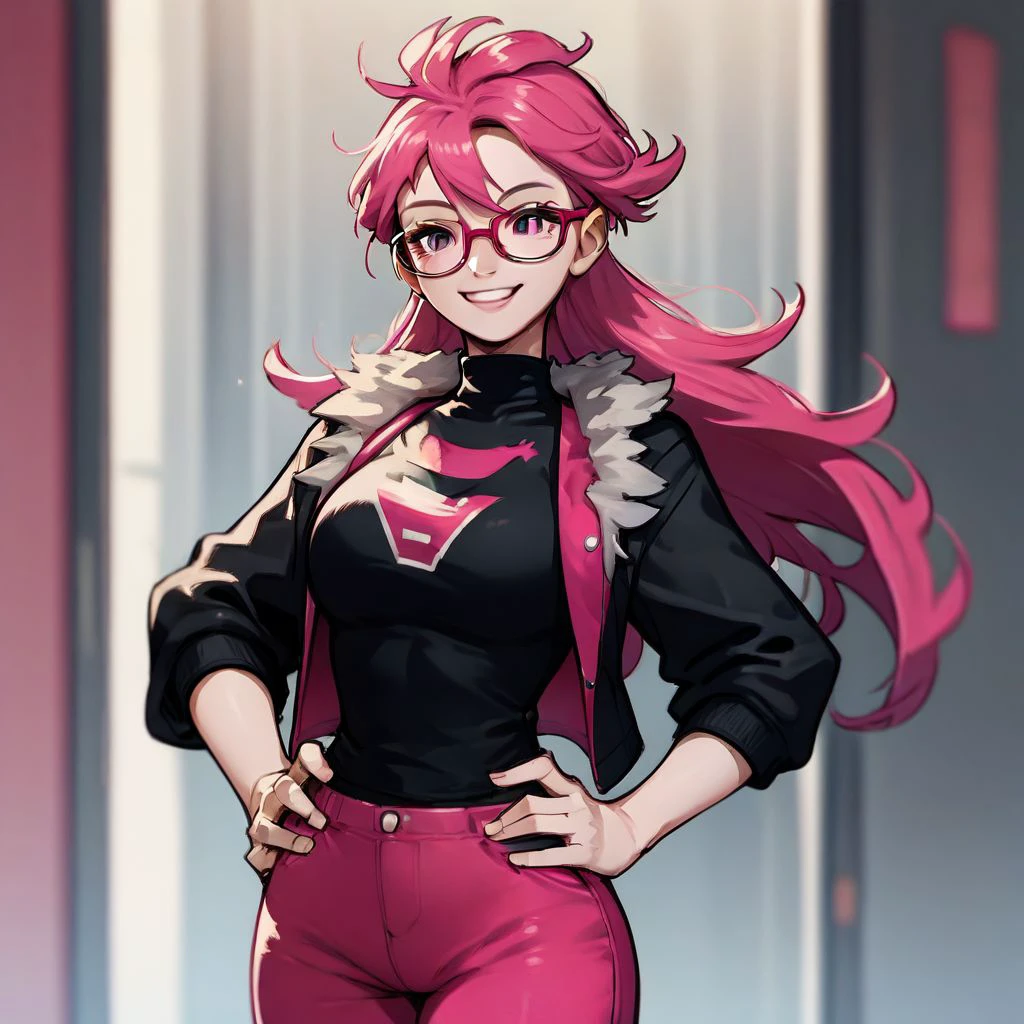 score_9,score_8_up,score_7_up,score_6_up,score_5_up,score_4_up, solo , 1girl, long hair, pink hair, glasses, black shirt, black vest, pink pants, smile, hands on hips