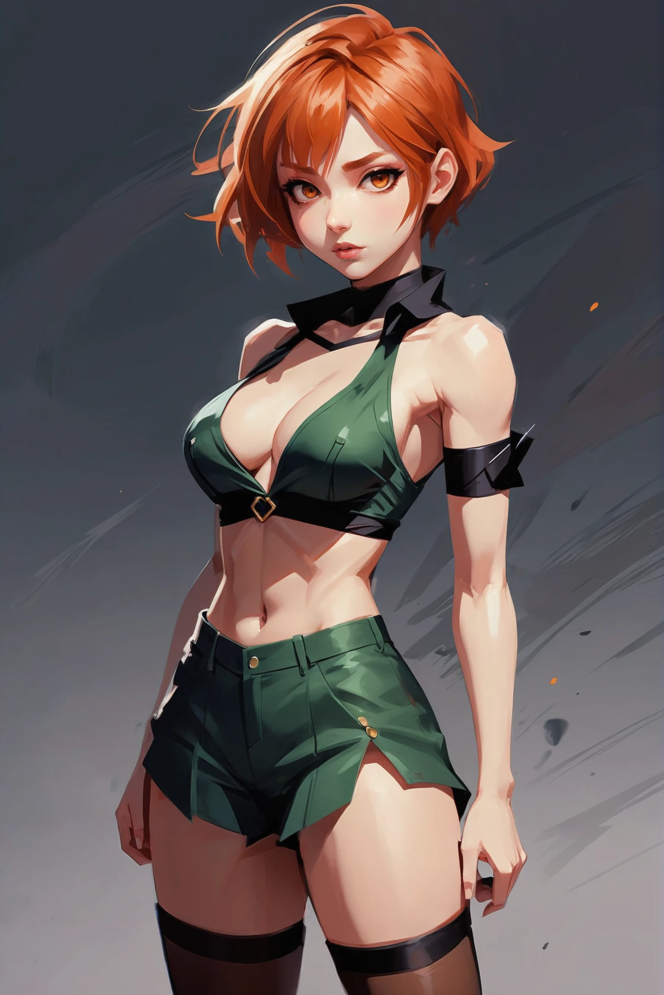 anime style, 1girl, woman, scout, full body, sexy costume design, bombshell hair, copper hair, pixie cut, gainsboro clothes, thick thighs, narrow waist, (dark skin:1.3)<lora:EnvyStarlightJourneysEnd01:1>