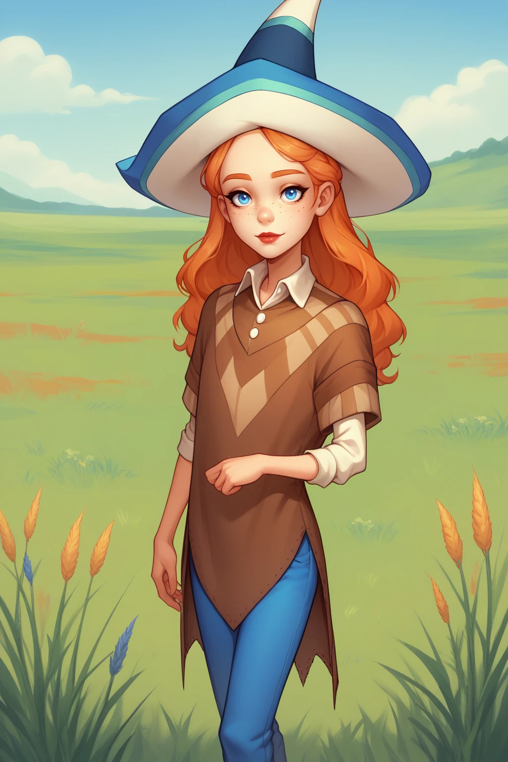 score_9, score_8_up, 1girl, solo, <lora:NSMeiPortia:1> NSMeiPortia, long hair, blue eyes, freckles, lipstick, orange hair, witch hat, collared, blue pants, poncho, brown capelet, grass field, looking at the viewer