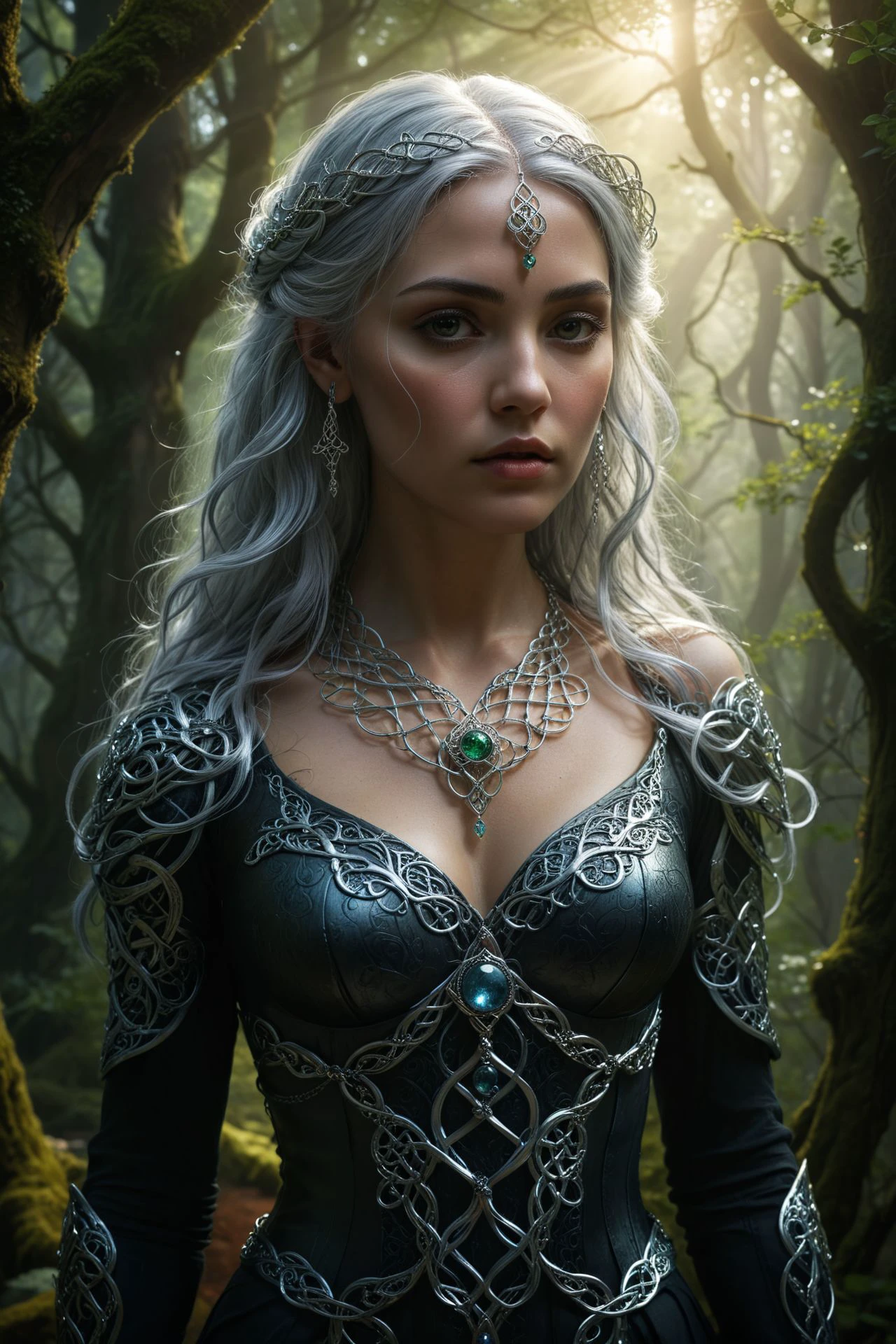 A woman with flowing silver hair, adorned with intricate Celtic jewelry, standing in a mystical forest, fantasy illustration, ethereal lighting, intricate details, romanticism. 
(masterpiece, award winning artwork)
many details, extreme detailed, full of details,
Wide range of colors, high Dynamic
 <lora:add-detail-xl:1> 
<lora:WildcardX-XL-Detail-Enhancer:0.9>
 <lora:zavy-cntrst-sdxl:0.245> dark, chiaroscuro, low-key 
<lora:RMSDXL_Creative:0.24> 
<lora:dvr-lnds-sdxl:0.22> dvr-lnds-sdxl