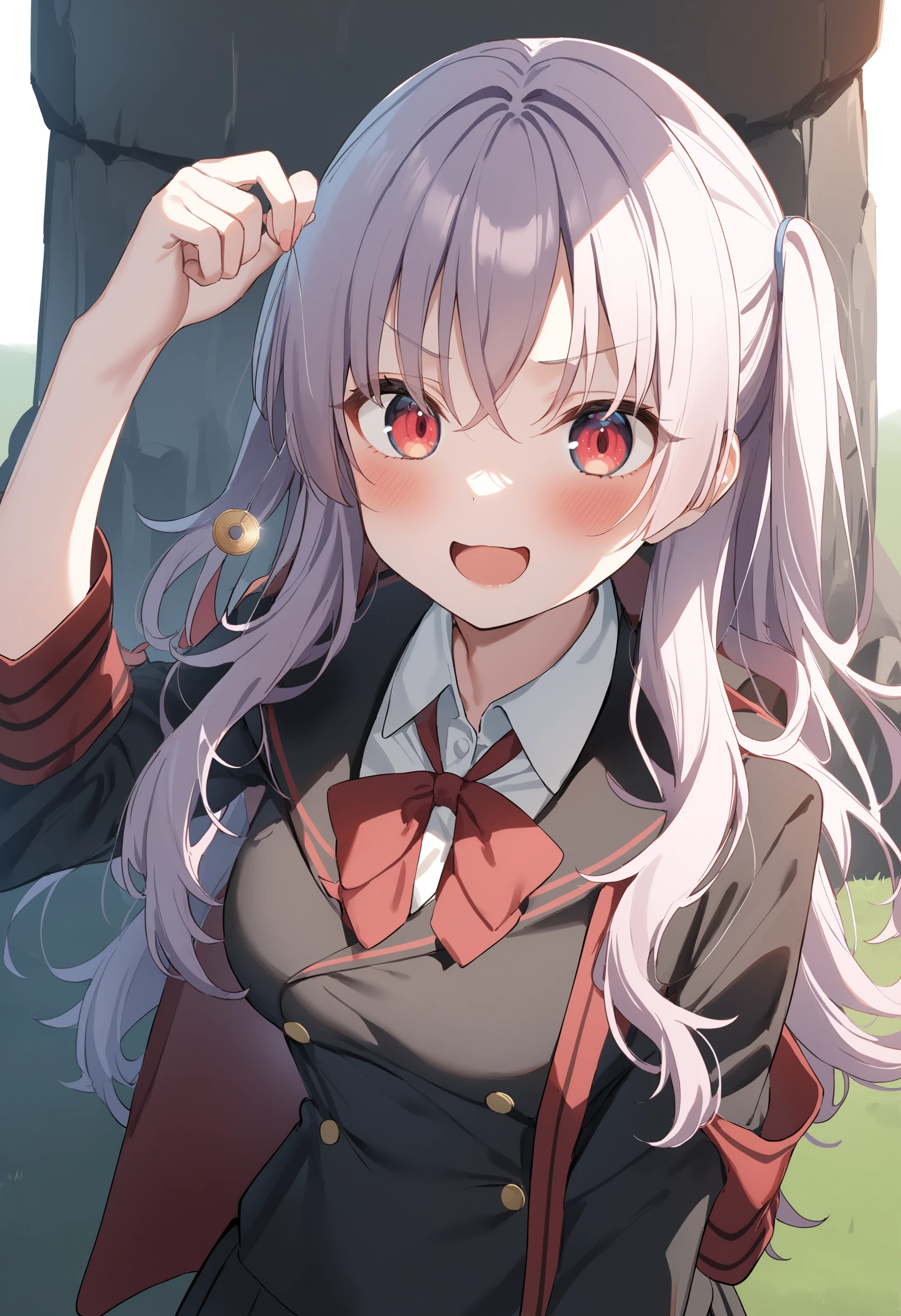 1girl,sincos, ningen mame, toosaka asagi,solo,medium breasts,school uniform,
hypnosis, mind control,looking at viewer,  hand up, coin on string, <lora:hypnosis_XL_v1:0.7>
upper body, silver hair, red eyes,laugh, stonehenge, closed mouth, ringlets hair,
best quality, very aesthetic, absurdres