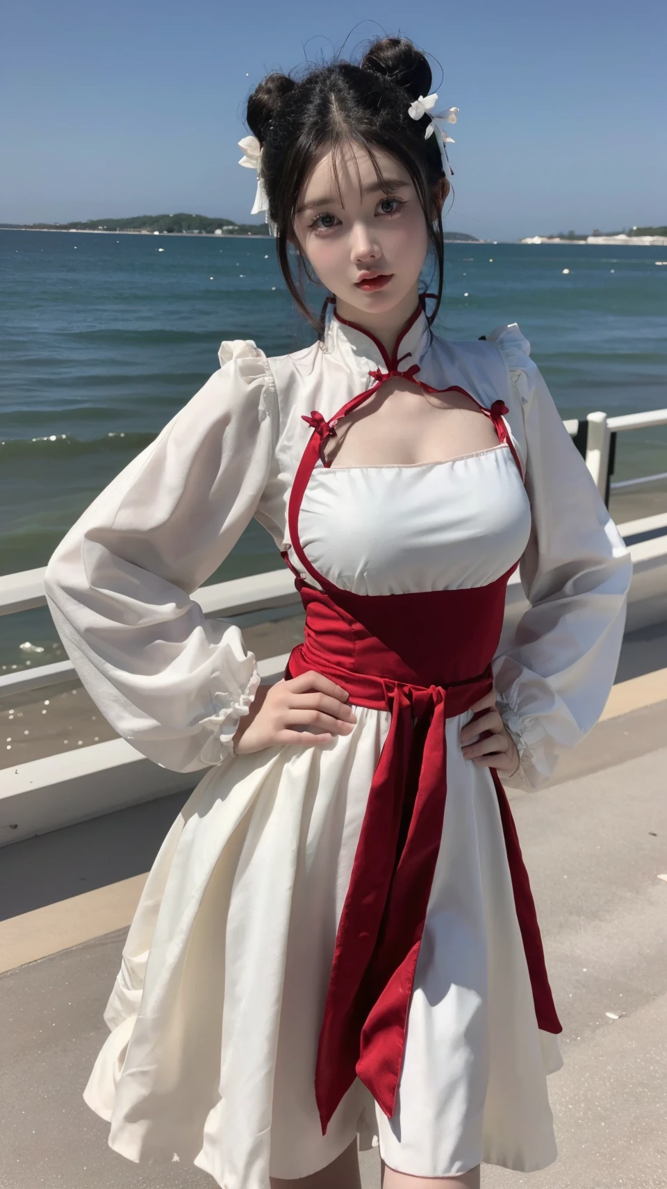(masterpiece,best quality:1.2),bright colors,solo,photo_,(1girl:1.3),(standing:1.3),(looking at viewer:1.4),Elegant,detailed gorgeous face,(cowboy shot:1.1),realistic,(seaside background:1.2),,MIS,chinese clothes,cutout,double bun,long sleeves,hands on hips,<lora:MIS59:0.75>