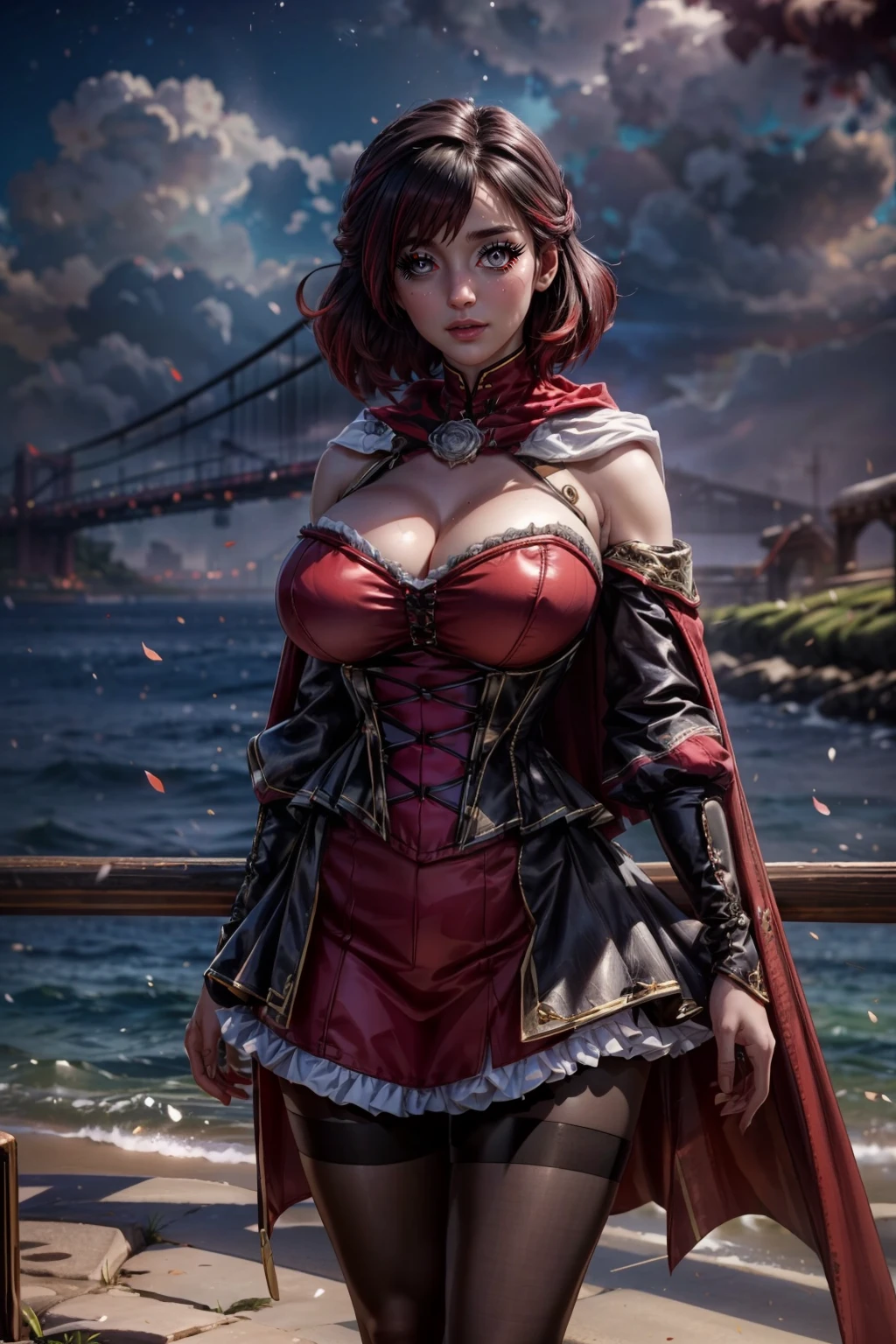 (ultra realistic,32k, masterpiece:1.2),(high detailed skin:1.1),( high quality:1.1),  <lora:SummerRoseRWBY:0.8>,   zzSummer,   short hair, multicolored hair, red hair, black hair, gray eyes,   dress, white cape, corset, pantyhose, boots,  blooming stars, luminescent petals, otherworldly fragrance blurry background, (looking at viewer, standing:1.1), huge breast, large breast, <lora:add_detail:0.92>, (glowwave:1.1),