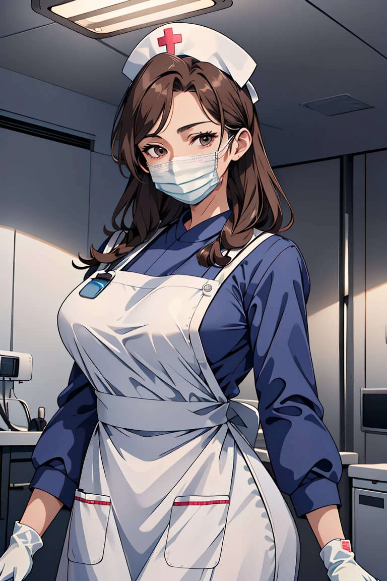 (RAW photo, best quality), operating room, overhead surgical light,blurred background, focused, dithering,backlighting,
 <lora:Reachel _Skalmon_V1.0-000005:0.58> reachel skalmon, 1girl, solo, mature female,brown hair, brown eyes,
  <lora:Long Apron Nurse v2:0.8> (nurse_long_apron, apron, nurse cap, surgical mask, latex gloves, long sleeves,long dress),