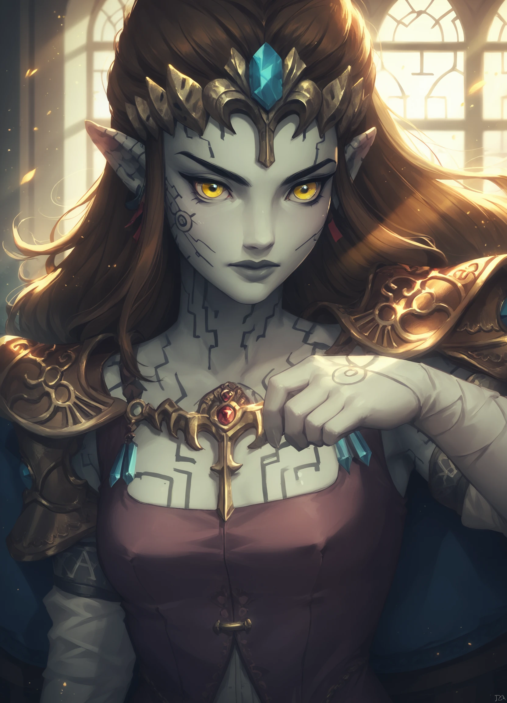 score_9, score_8_up, score_7_up, score_6_up, pptzlda, 1girl, markings, grey skin, yellow eyes, close-up, window,
light particles, masterpiece, best quality,
<lora:tp_puppet_zelda_pptzlda_ponyxl_v1.7.1-000185:1>