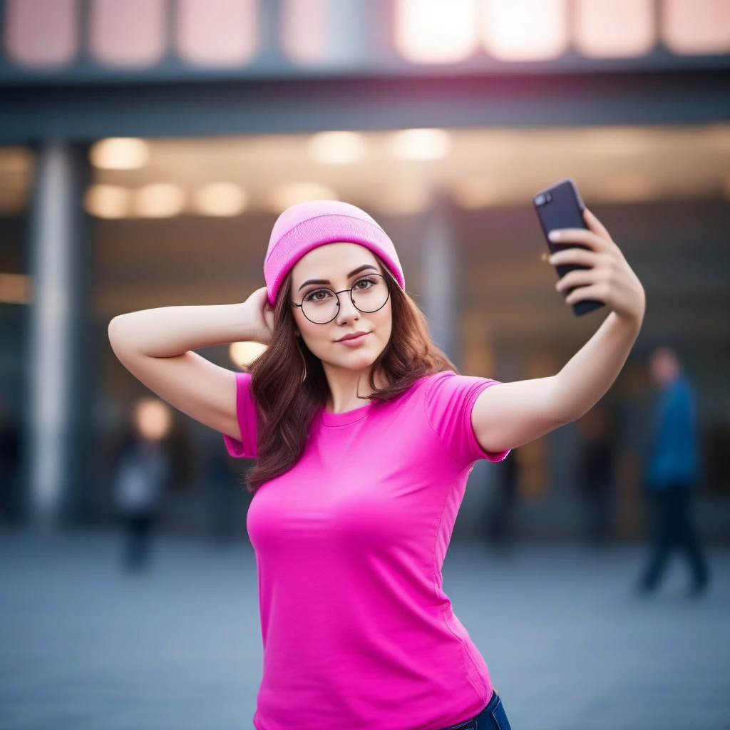 cinematic photo a full body woman, brown hair, glasses, pink shirt, jeans pants, beanie, taking a selfie<lora:Meg1024:0.8> . 35mm photograph, film, bokeh, professional, 4k, highly detailed