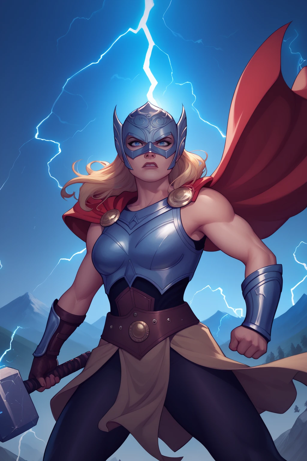 score_9, score_8_up, score_7_up, masterpiece, high quality
 <lora:Jane FosterPonyLora:0.7>janef, long hair, mask, helmet, cape, breastplate, belt, skirt, pelvic curtain, leggings, single bracer, holding hammer, lightning, electricity, fighting on a mountain, jumping towards viewer, angry, upper body, upper body