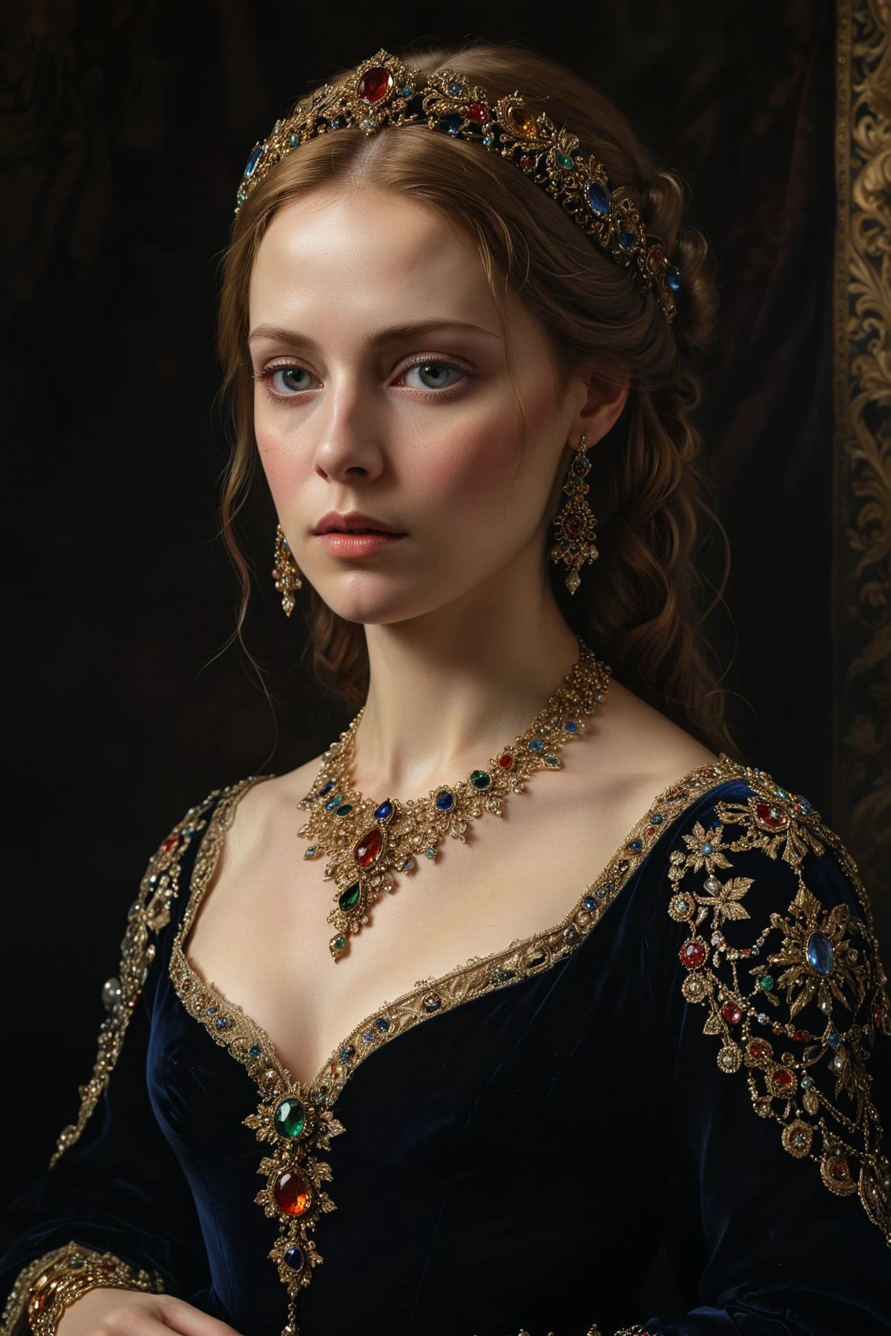 Renaissance-era portrait of a woman with elaborate jewels and a velvet gown, oil on canvas, realistic detail, sfumato technique, soft lighting, classic beauty.
(masterpiece, award winning artwork)
many details, extreme detailed, full of details,
Wide range of colors, high Dynamic
<lora:add-detail-xl:1>
<lora:WildcardX-XL-Detail-Enhancer:0.9>
<lora:zavy-cntrst-sdxl:0.245> dark, chiaroscuro, low-key
<lora:RMSDXL_Creative:0.24>
<lora:dvr-lnds-sdxl:0.22> dvr-lnds-sdxl