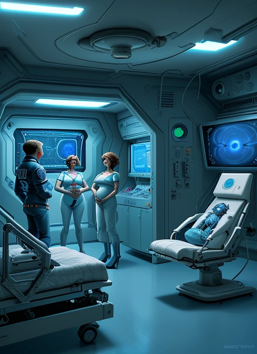<lora:Lucasarts Artstyle - SD1.5 LoRA - Trigger is lcas artstyle:1> lcas artstyle, an aloof astronaut on an alien spaceship finds himself in the medical ward. There are 3 pregnant cyborg alien nurses hooking the astronaut up to futuristic looking machines that will monitor his brainwaves. Displays in the room show cryptic codes and data related to the machinery.