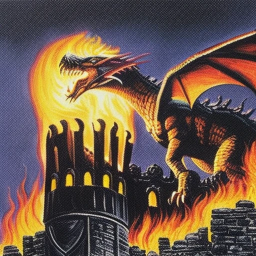 mtg card art, neltharion, (deathwing:1.2), (by edward beard, jr:1.1), 1994, legendary creature - (elder dragon:1.1), black, red, br, legends, leg, flying, trample, (world of warcraft cataclysm:1.2), large Firey flaming black dragon perched on stormwind castle rampart, roaring, breathing fire, flames, destruction, beautiful composition, extremely detailed, intricate details, masterpiece, best quality, terrifying, epic, cinematic