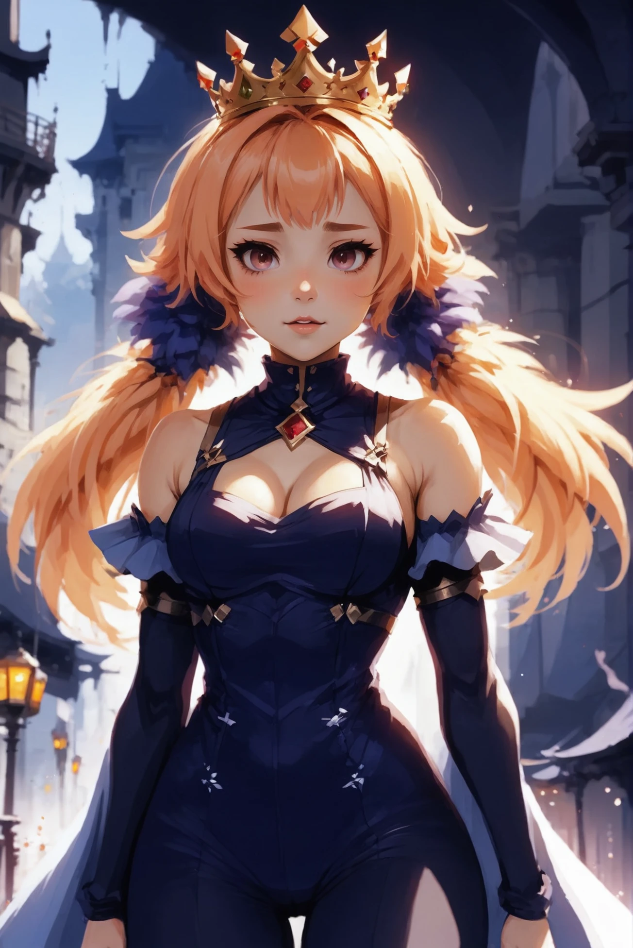 soft digital painting, cute, anime style, 1girl, woman, female jrpg final boss, (high collar:1.3),(huge opulent crown:1.3), bombshell hair, peach hair with indigo highlights, hair over one eye, light bisque clothes, thick thighs, narrow waist, (african, dark skin:0.6),Lava Tube Systems<lora:EnvyStarlightCute03:1>