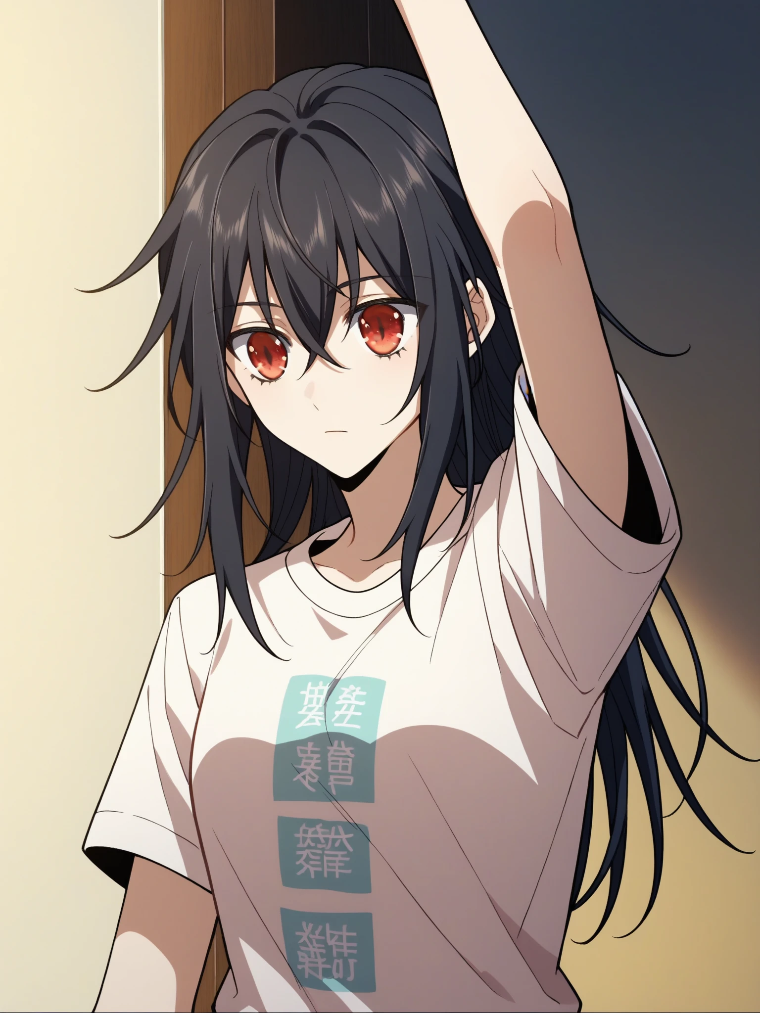 Optimal,masterpiece,High resolution,highest quality,in town、(cowboy shot)、cute face,,black hair、long hair、twin tails、 ((scarlet eyes)),long eyelashes,drooping corners of the eyes,Are standing、thin legs、white skin,((Shoot from below:1.5)), ((Wearing a tight white t-shirt:1.5)), ((tight yoga pants)). ((pointed nipples))、rocket tits , big breasts,