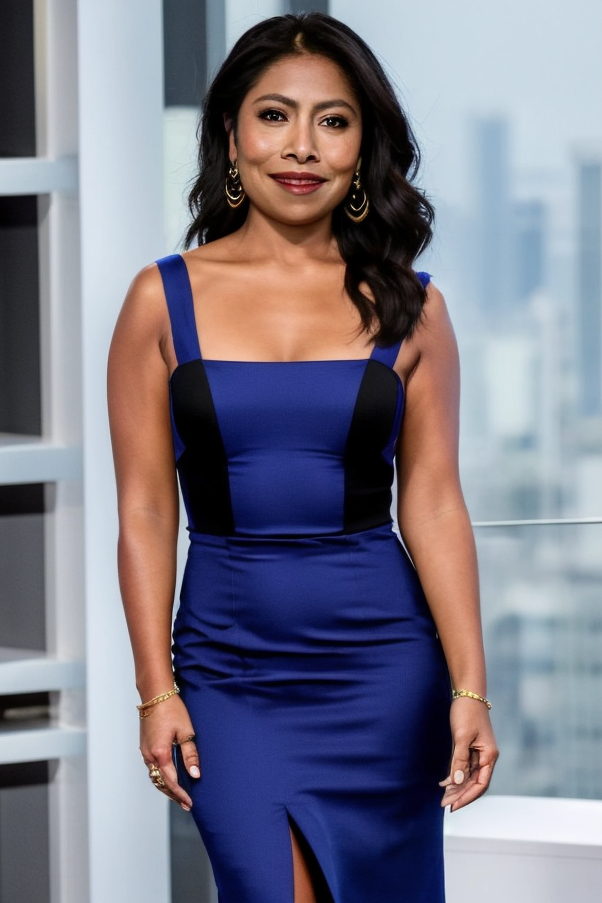 masterpiece, best quality, <lora:yalitza:0.8> yalitza, a woman in a red dress, sleeveless, looking at viewer, smile,