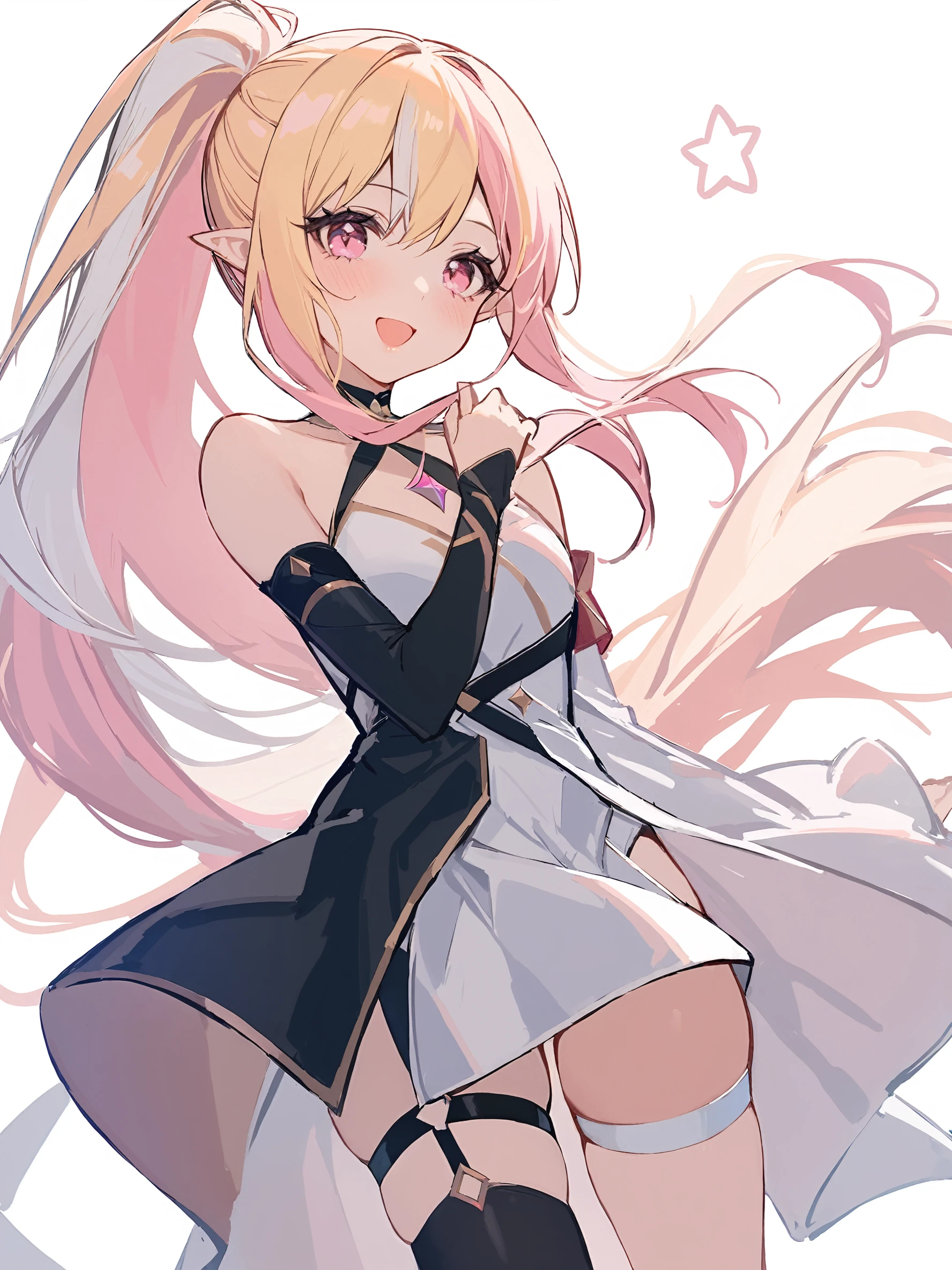 1girl,
solo, white sleeves, simple background, mismatched sleeves, very long hair, long sleeves, asymmetrical sleeves, pointy ears, thigh strap, detached sleeves, open mouth, white thighhighs, black sleeves, ponytail, blonde hair, single thighhigh, multicolored hair, black thighhighs, looking at viewer, blush, pink eyes, thighhighs, smile, sidelocks, bare shoulders, white background, white hair, white dress, long hair, dress, :d, pink hair,
masterpiece, best quality, safe
<lora:mki-ani31-yutou-v3-000120:1>