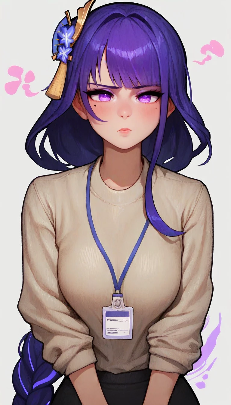 zPDXL, score_9, score_8_up, score_7_up, score_6_up, score_5_up, score_4_up, <lora:IckPot:1> ,1girls,blush,braid,braided hair,clothed,clothes,clothing,female,female only,folded arms,hair,hair ornament,id card,long hair,mole,mole under eye,office lady,purple eyes,purple hair,raiden shogun,sigh,simple background,sweater