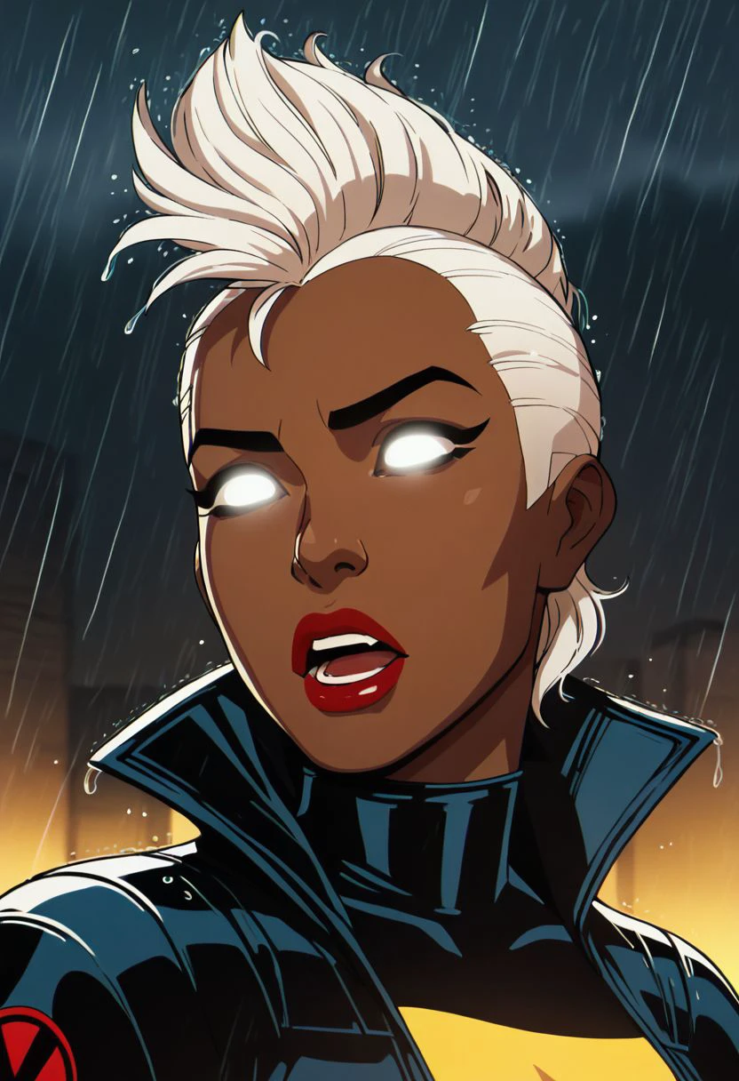 xmen97 style, 1girl, rain, lighting, solo, mohawk, glowing, eyes glow, open mouth, white eyes, white hair, makeup, dark skin, dark skinned female, white body suit, lipstick, red lips, anime coloring, flat color, cel shading, cel shaded, 2d, PonyXLV6_Scores zPDXL