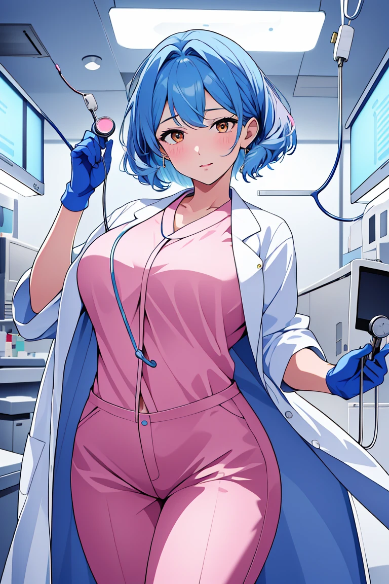 (RAW photo, best quality), operating room, overhead surgical light,blurred background, focused, dithering,backlighting,
 <lora:Mitsuwa_Shirai_V1.0-000005:0.58> mitsuwa shirai, 1girl, solo, mature female,blue hair,yellow eyes,
 <lora:brwn_doctor_uniform:0.8> bwn_doc_unif, blue gloves, pink shirt, labcoat, stethoscope,latex pants,