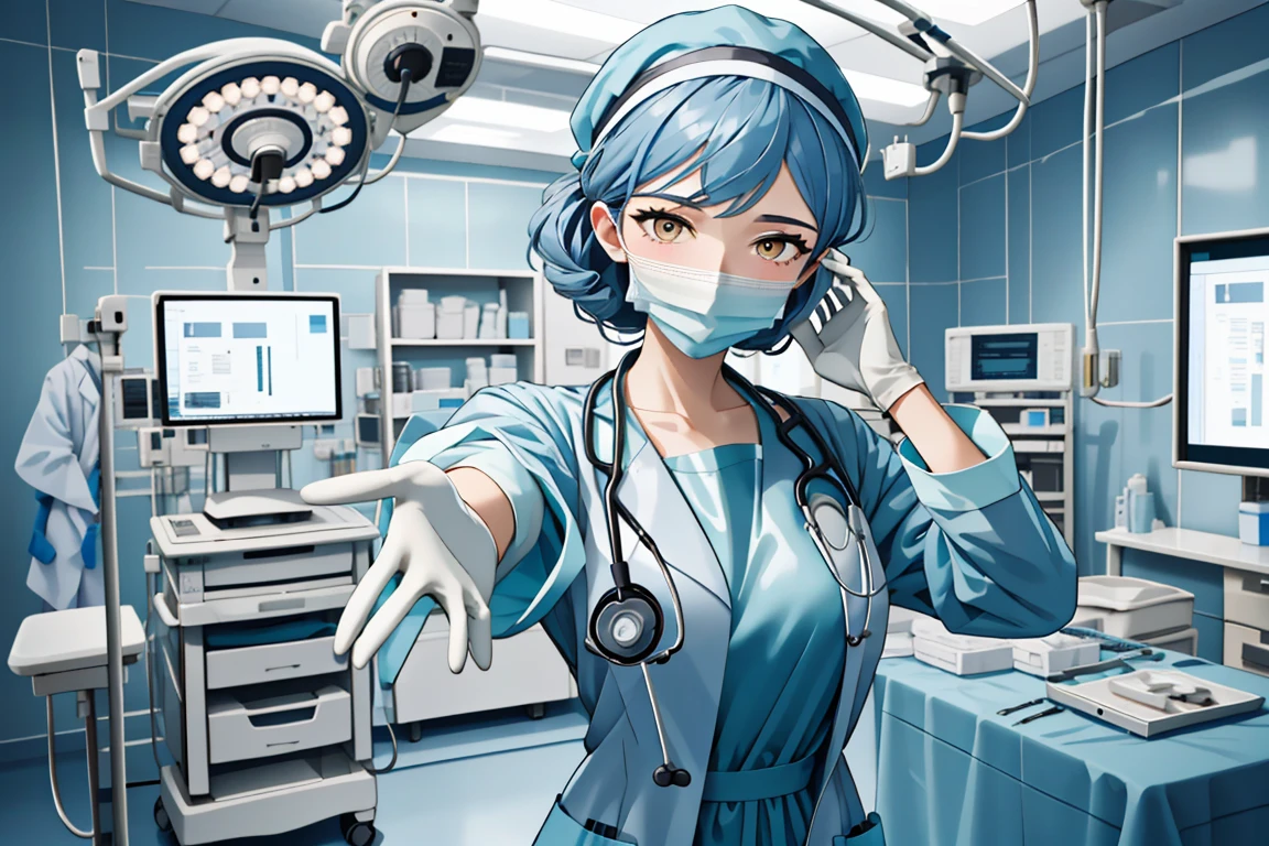 (RAW photo, best quality), operating room, overhead surgical light,blurred background, focused, dithering,backlighting,
 <lora:Mitsuwa_Shirai_V1.0-000005:0.58> mitsuwa shirai, 1girl, solo, mature female,blue hair,yellow eyes,
 <lora:rubber_surgeon_hand_V1.0:0.85>   rubber_surgeon_hand, 1girl, solo, looking at viewer, reaching towards viewer, stethoscope, doctor, surgical mask, indoors,headwear, latex, surgical gloves, outstretched arm