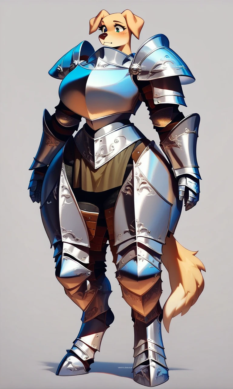 score_9, score_8_up, score_7_up,
2d, solo, 1girl, tall armored female Labrador Retriever anthro with massive perky breasts thick thighs and wide hips, furry, paws, digitigrade, simple background,
heavily armored, Female_knight, knight, knight_armor, armor, black_armor, dark_armor, heavy_armor, shoulder armor, arm armor, leg armor, armored dress, armored boots,
<lora:ArmoredFur_-_Anthro_v1-000013:0.8>