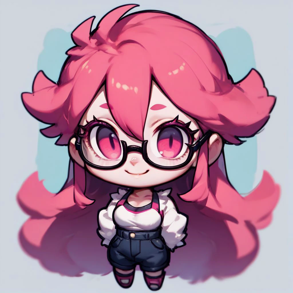 score_9,score_8_up,score_7_up,score_6_up,score_5_up,score_4_up, solo , 1girl, long hair, pink hair, glasses, pink eyes, big eyes, eyelashes, smile, portrait, chibi