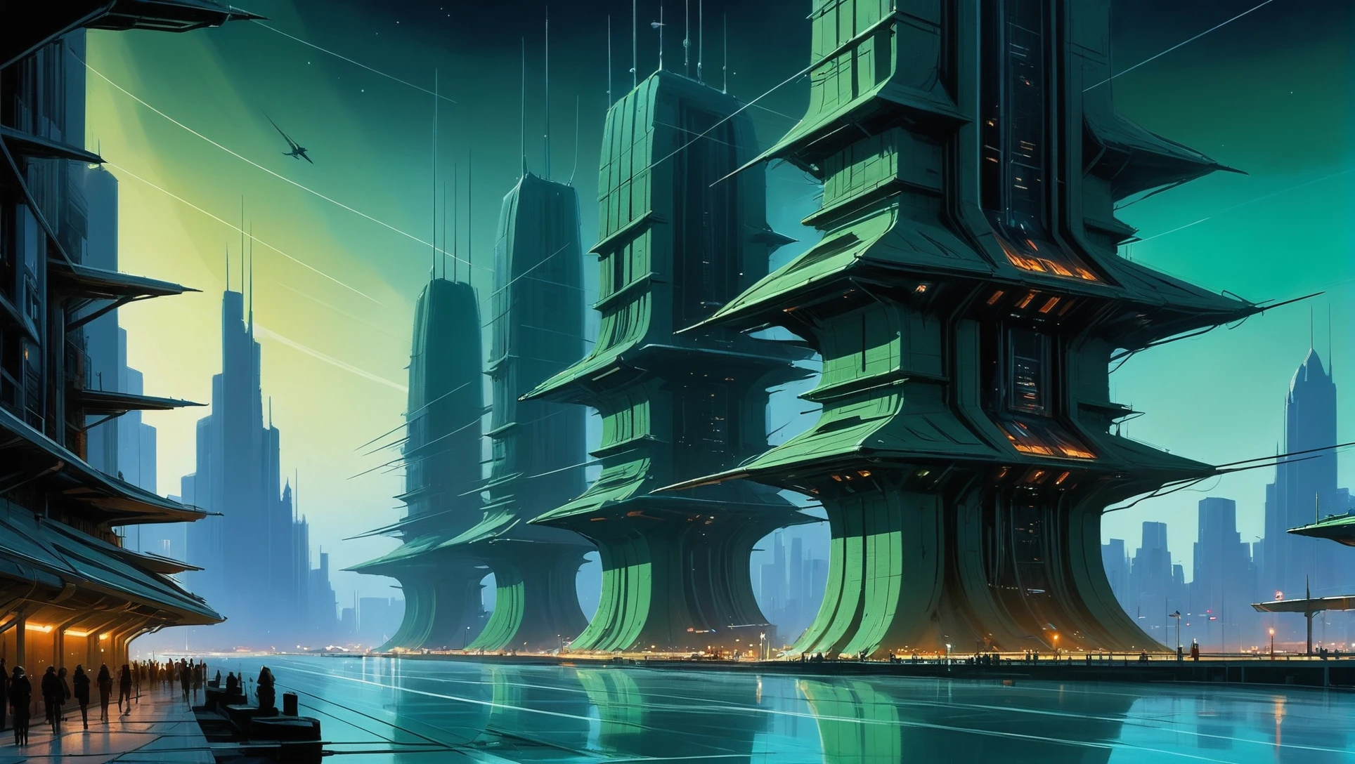digital painting, scifi city, a great glowing dark color:mediumseagreen scifi vertical megastructure at the beginning of time, masterpiece, by Eddie Mendoza<lora:EnvyStarlightScifiAesthetic10:1>
