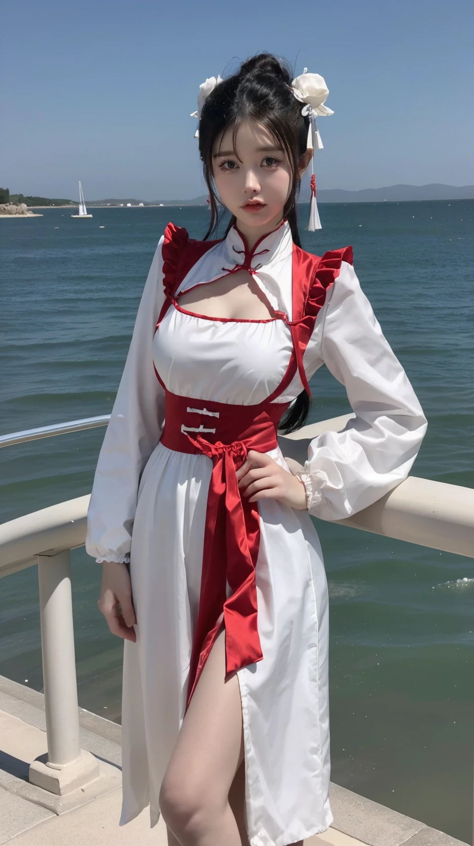 (masterpiece,best quality:1.2),bright colors,solo,photo_,(1girl:1.3),(standing:1.3),(looking at viewer:1.4),Elegant,detailed gorgeous face,(cowboy shot:1.1),realistic,(seaside background:1.2),,MIS,chinese clothes,cutout,double bun,long sleeves,hands on hips,<lora:MIS59:0.75>