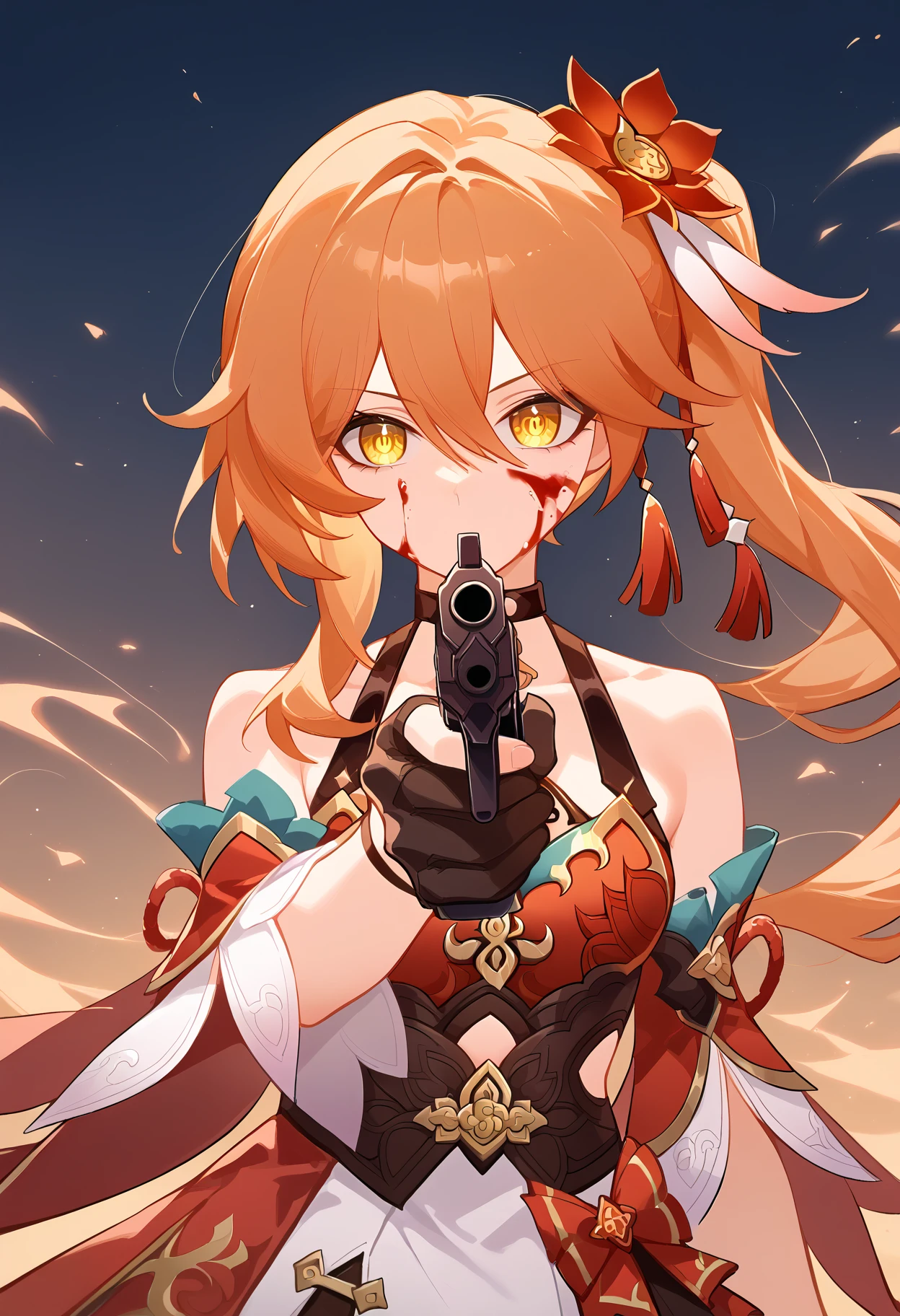 score_9, score_8_up, score_7_up, source anime, guinaifen \(honkai: star rail\), 1girl, side ponytail, yellow eyes, orange hair, blood on face, hair flower, hair ornament, choker, detached sleeves, gloves, red crop top, dress, halterneck, corset, holding gun, aiming, aiming at viewer, finger on trigger, <lora:aim-xl-pony-v3-000016:1>, <lora:naip33:1>, <lora:guinaifen-xl-pony-v5-000007:0.8>,