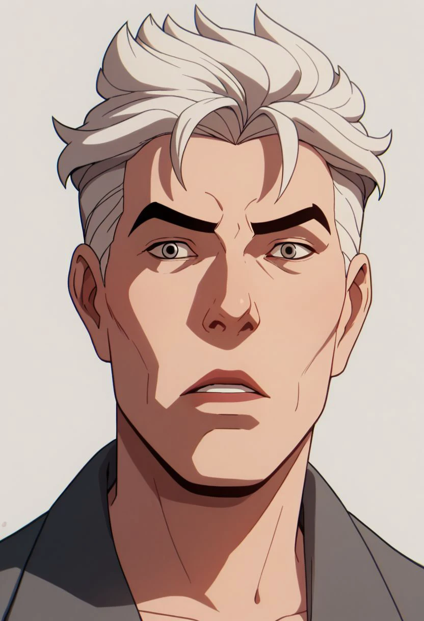 xmen97 style, 1boy, male focus, solo, parted lips, grey eyes, looking at viewer, white hair, portrait, grey hair, anime coloring, flat color, cel shading, cel shaded, 2d, PonyXLV6_Scores zPDXL