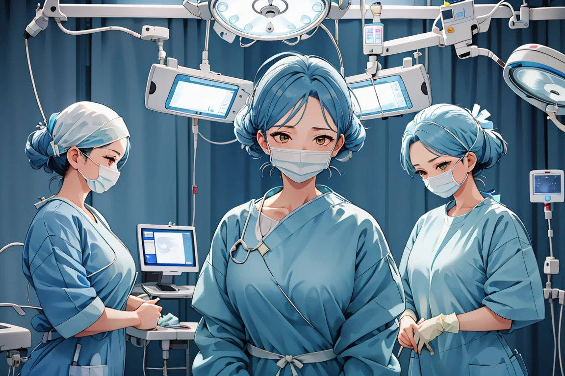 (RAW photo, best quality), operating room, overhead surgical light,blurred background, focused, dithering,backlighting,
 <lora:Mitsuwa_Shirai_V1.0-000005:0.58> mitsuwa shirai, 1girl, solo, mature female,blue hair,yellow eyes,
 <lora:surgical_Op_Scene_V1.0:0.8> surgical_examination_scene, multiple girls, intravenous drip, hospital gown, surgical mask,