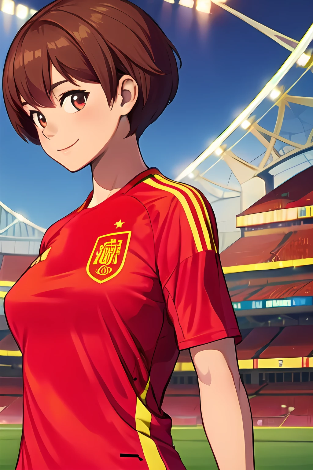 <lora:SC-SP4_Shirt_2024:1>, sp41n, sportswear, soccer uniform, red shirt, shorts, (upper body:1.2), from side, looking at viewer, 1girl, brown hair, pixie cut, smile, (stadium:1.2), green field, massive breasts, (best quality), (ultra-detailed), (best illustration)