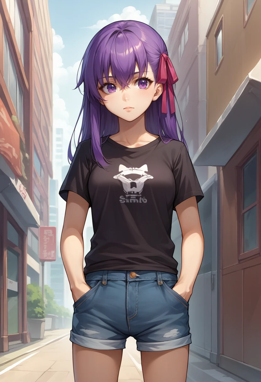 score_9, score_8_up, source_anime, 1girl, solo, SakuraMatou, purple hair, purple eyes, long hair, hair ribbon, t-shirt, denim shorts, standing, outdoors, city, hands in pockets, <lora:ChamSakuraMatouPonyXL:1>