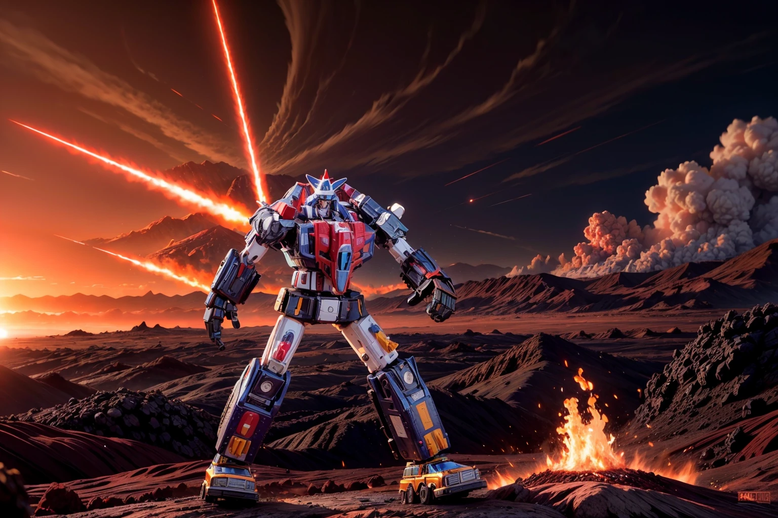 <lora:Vehicle_Voltron:.8>RAW photo of a detailed robot standing on  a volcanic planet, lava rivers, fire and brimstone, smoke in the background, red skies,<lora:more_details:.5>