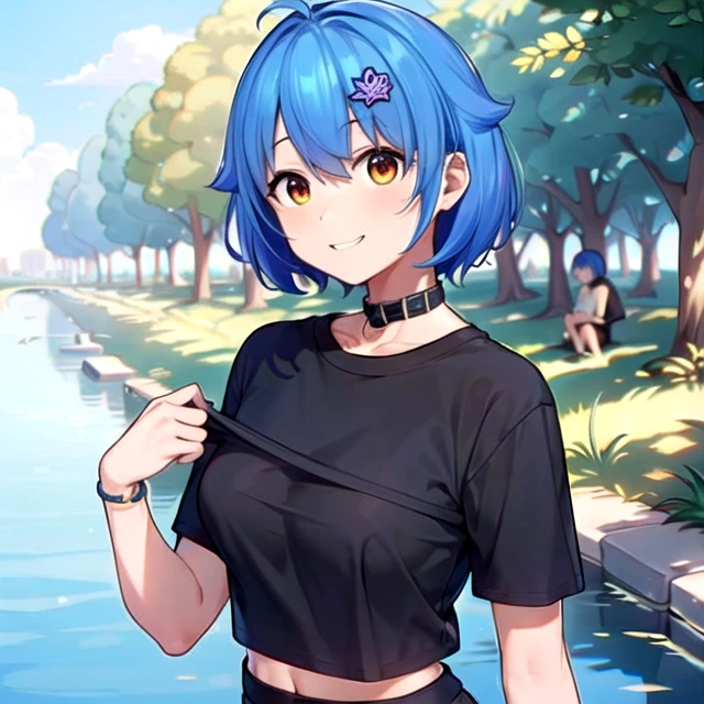 <lora:mana:0.75>, shirt, solo, upper body, virtual youtuber, blue hair, short hair, orange eyes