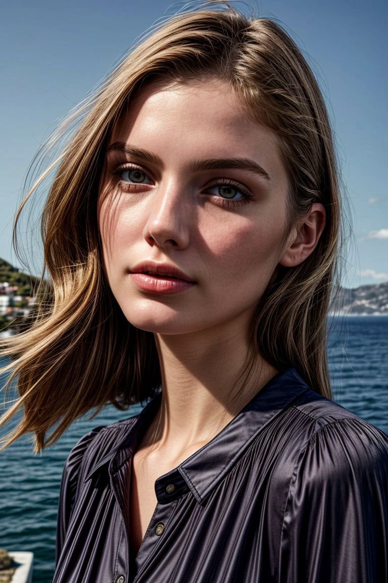 European woman, closeup, (shirt), pants, (catalina island), (), ZM_christina , wide shoulders, perfect face, (contact iris: 1.1), pale skin, skin pores , depth of field