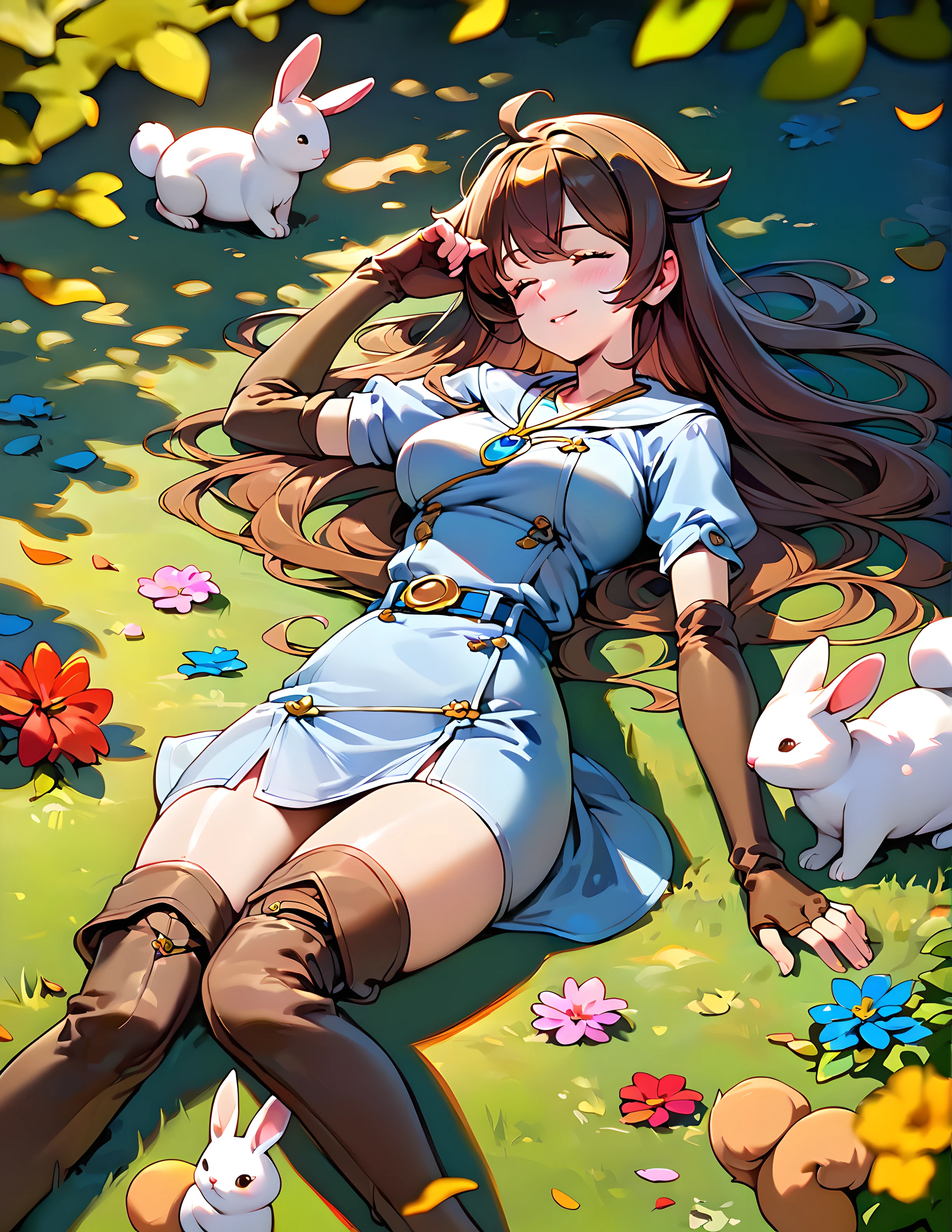 <lora:pony_xl_ki:0.8>,ki,score_9,score_8_up,score_7_up,source_anime,1girl,solo,short dress,short sleeves,brown gloves,elbow gloves,fingerless gloves,belt,thigh boots,brown thighhighs,blue necklace,day,nature,the dappled sunlight that filters through the leaves of trees,sunny weather writing,lens_flare,light_blush,on back,knees_together_feet_apart,flower duvet,happy sleeping face,hair_flaps,squirrel,hare,