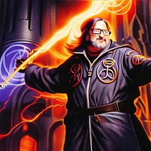 mtg card art, (gabe newell:1.3), techno-wizard, by zezhou chen, legendary creature - human wizard, blue, red, ur, izzet, ravnica, beautiful composition, (grey beard:1.1), (gray hair:1.1), elderly izzet techno wizard gabe newell is casting a spell, powerful, intelligent, epic composition, cinematic, dramatic, masterpiece, best quality, extremely detailed, intricate details