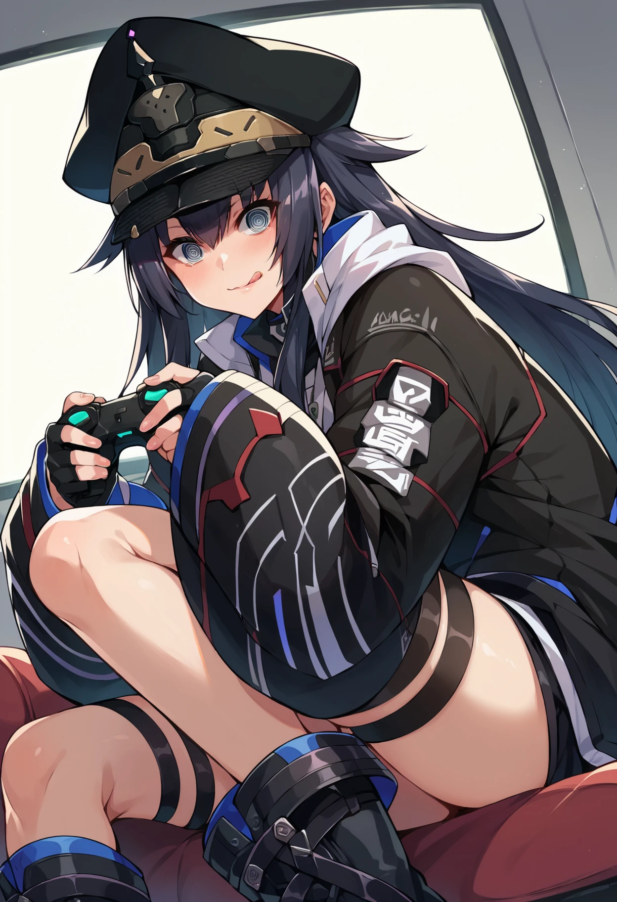 score_9, score_8_up, score_7_up, uncensored, source_anime, 1girl, <lora:spkarinXLPony-000003:1> karindef, peaked cap, black headwear, black jacket, sleeves past wrists, boots, black thighhighs, holding a controller, tv, focused, face focus, licking lips, spiral eyes, @ @