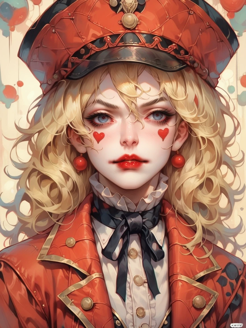 score_9, score_8_up, score_7_up, score_6_up, 1girl, <lora:ringmaster:0.7> shorts, hud_rngmstr, 1girl, jacket, buttons, neck ribbon, long sleeves, red jacket, lipstick, long hair, blonde hair, pantyhose, fishnet pantyhose, makeup <lora:c1rcusstyl3XLP:1> c1rcusstyl3, hat