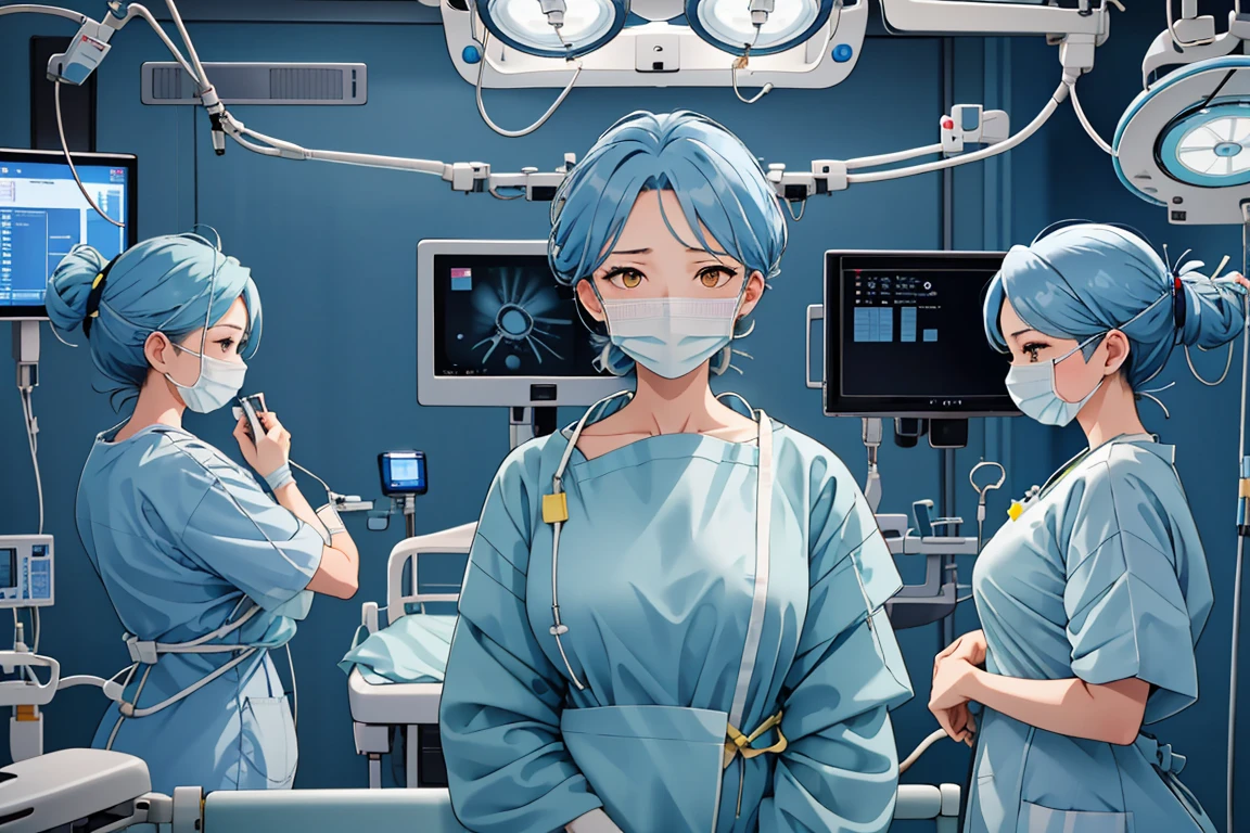 (RAW photo, best quality), operating room, overhead surgical light,blurred background, focused, dithering,backlighting,
 <lora:Mitsuwa_Shirai_V1.0-000005:0.58> mitsuwa shirai, 1girl, solo, mature female,blue hair,yellow eyes,
 <lora:surgical_Op_Scene_V1.0:0.8> surgical_examination_scene, multiple girls, intravenous drip, hospital gown, surgical mask,