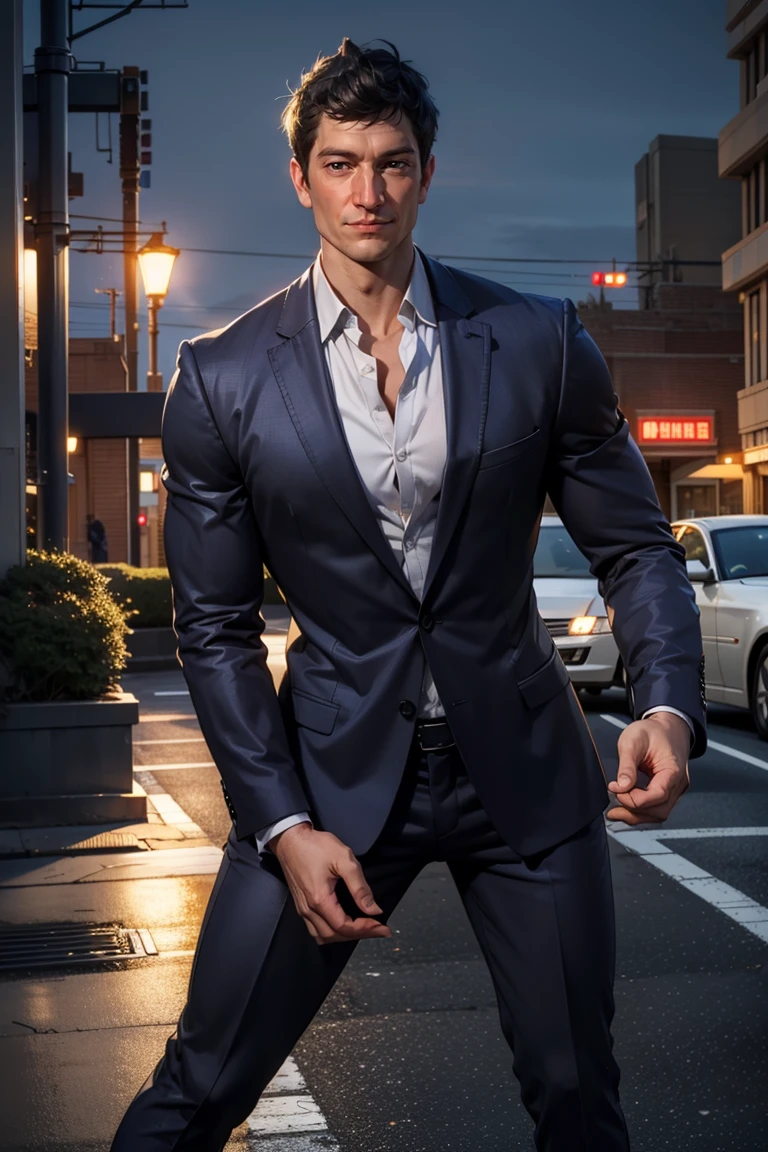 photo of person, man, smirk, (muscular:1.1), parking lot, dress shirt, pants, ((suit, long sleeves)), work clothes, looking to viewer, cinematic lighting, detailed face, detailed eyes, masterpiece, high_res, perfect face<lora:EMS-341901-EMS:1.000000>