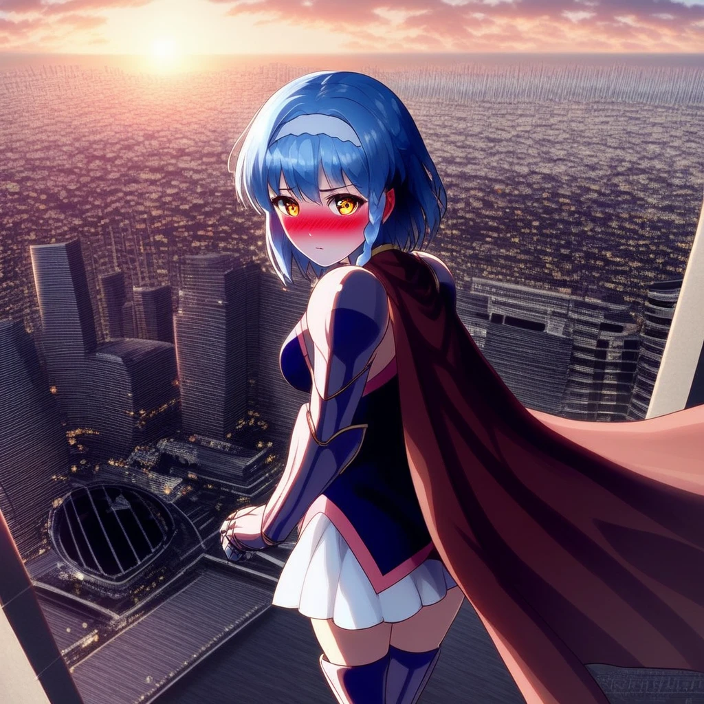 yuki (knight), outdoors, overgrown, gradient, sky, dawn, setting sun, city, on rooftops, city skyline ultra-detailed, 8k, masterpiece world theater, textured skin, beautiful detailed face, beautiful detailed eyes, ambient light, realistic shadows, beautiful detailed pupils, cute, 1 girl (solo:1.3), hairband, short hair, medium breasts, blue hair, yellow eyes, single braid, nose blush, embarrassed, thighhighs, gauntlets, boots, skirt, cloth, cape, cowboy shot, from behind, looking away from viewer, from above