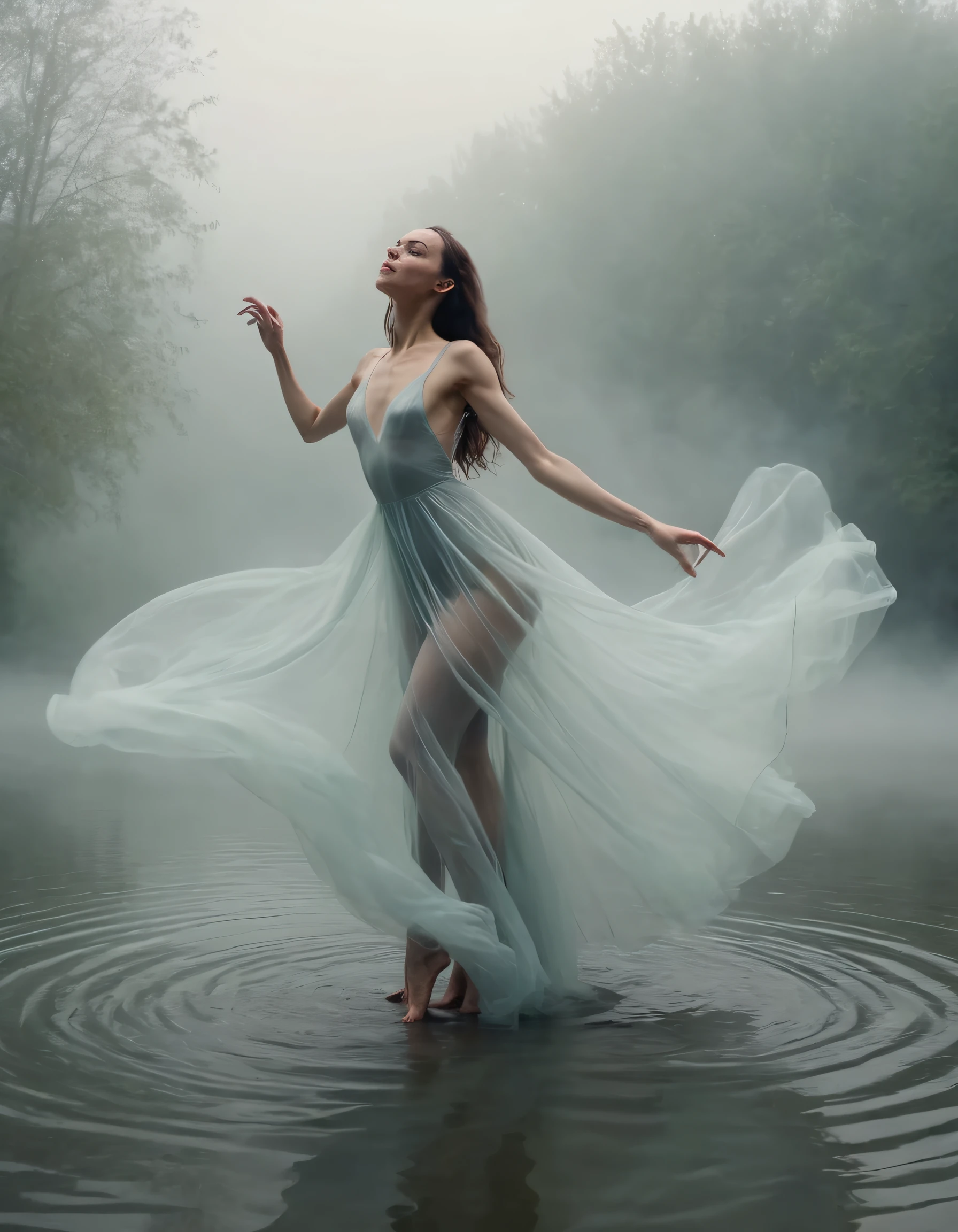 In the surreal realm of a dream-inspired world, Jana, the woman dressed as an otherworldly sylph in her ethereal gown, dances with graceful movement and poise while captured by a floating camera angle that evokes both strength and vulnerability as she performs within the misty setting, entwining the lines between reality and fantasy. <lora:vqxmwy18f9b064088m64a:1>
