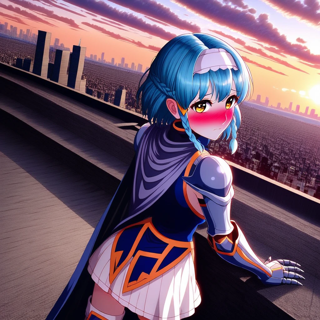 yuki (knight), outdoors, overgrown, gradient, sky, dawn, setting sun, city, on rooftops, city skyline ultra-detailed, 8k, masterpiece world theater, textured skin, beautiful detailed face, beautiful detailed eyes, ambient light, realistic shadows, beautiful detailed pupils, cute, 1 girl (solo:1.3), hairband, short hair, medium breasts, blue hair, yellow eyes, single braid, nose blush, embarrassed, thighhighs, gauntlets, boots, skirt, cloth, cape, cowboy shot, from behind, looking away from viewer, from above