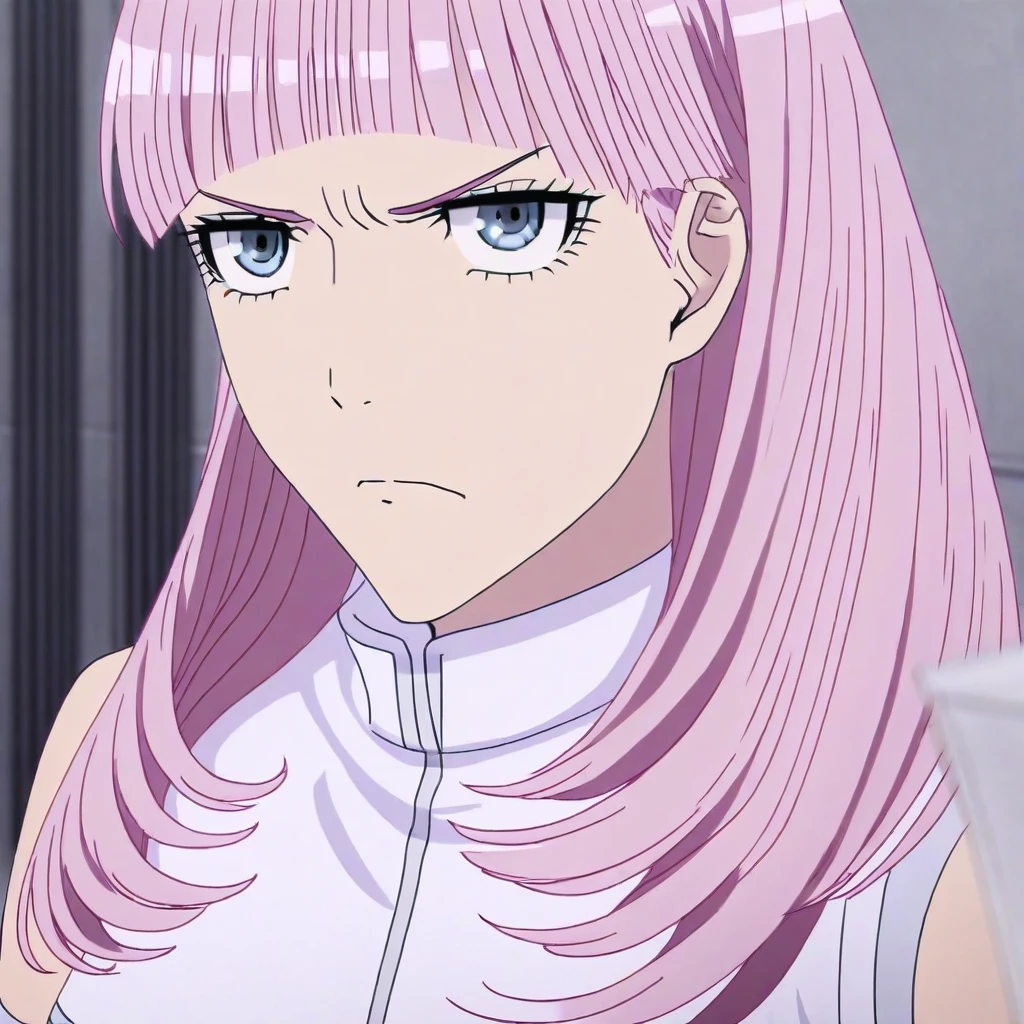 mid-forearm length, detailed seams, 1girl, angelicayukino, Straight pink hair, annoyed expression, front zipper, high collar