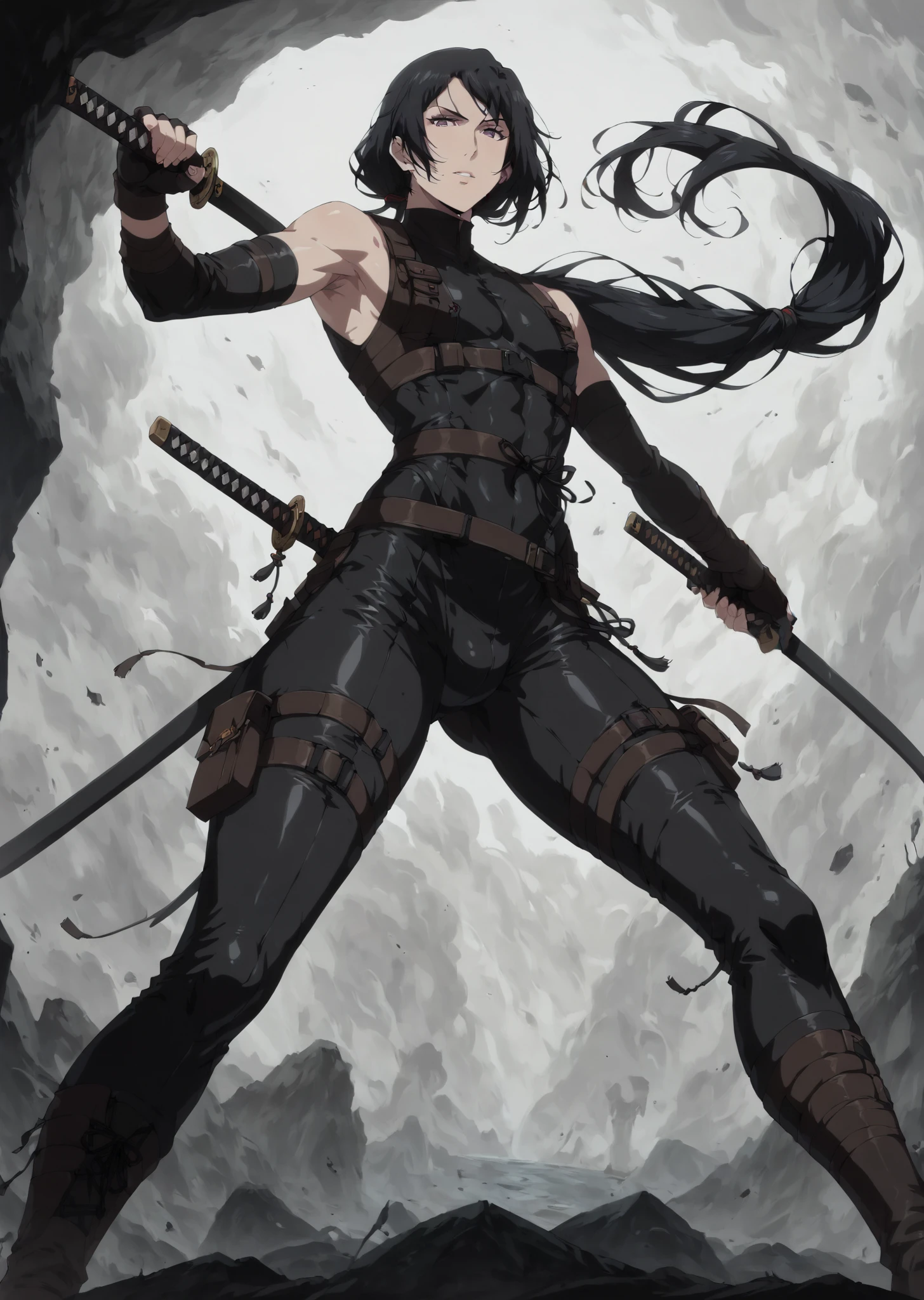 score_9, score_8_up, score_7_up, <lora:RUKANII:1.0>, rukako, 1femboy, long hair, black hair, low ponytail, purple eyes, (latex ninja:1.2), full body, (mature male, slim male), low angle, katana,
BREAK
<lora:Concept Art Twilight Style SDXL_LoRA_Pony Diffusion V6 XL:1.0>, <lora:sinfully_stylish_SDKL:0.9>, <lora:1dkXLP:0.2>, read description.1dk, masterpiece, 8k,
