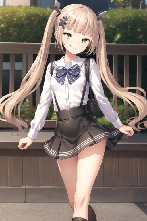 ((masterpiece)),(best quality),official art,extremely delicate and beautiful,extremely detailed CG,unity 8k wallpaper,ultra detailed,beautiful detailed eyes,extremely detailed face,outdoors,1girl,solo,cowboy shot,looking at viewer,facing viewer,smile,(petite:1.2),Himari Azuma,very long hair,blonde hair,twintails,hair ornament,hair bow,black bow,sidelocks,blunt bangs,yellow eyes,green eyes,school uniform,white sailor collar,black bowtie,white shirt,long sleeves,small breasts,animal bag,miniskirt,black skirt,suspender skirt,frilled skirt,black socks,shoes,black footwear,<lora:Himari Azuma(sdg2):0.8>,