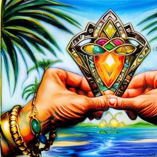 Mtg card art, two african hands cupped together holding a (mox topaz:1.1) on a gold chain, in the middle of the palm, in front of the (African savannah:1.1), by Terese Nielsen, (by Volkan baga:1.1), by Dan Frazier, artifact, beautiful composition, jamuraa, mirage, mir, vma