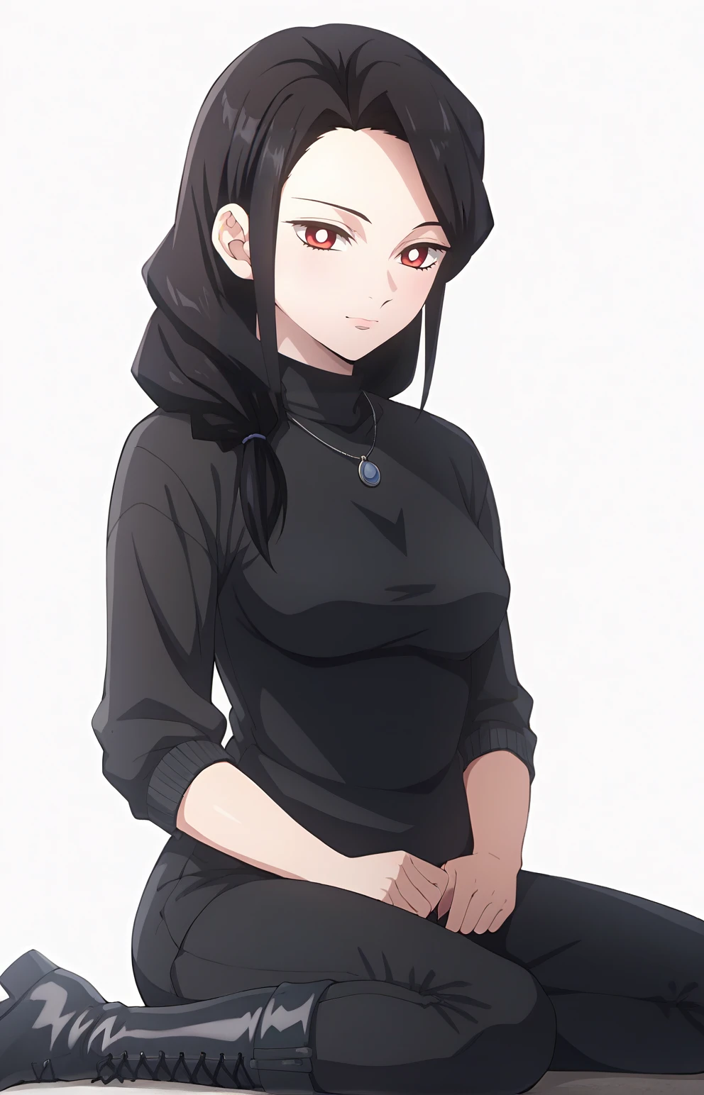 score_7_up, BREAK source_anime, RRukaV4XL, 1girl, solo, looking at viewer, medium breasts, black sweater, black pants, ankle boots, hair over shoulder, sitting, cowboy shot, simple background, white background, <lora:RRukaV4XL:0.9>